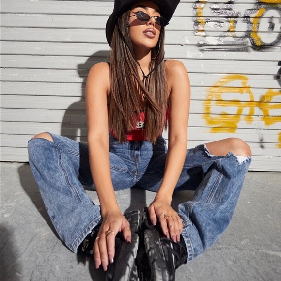 High waisted ripped detail straight leg jeans - Picture 6 of 6